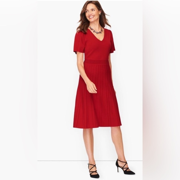 Talbots Dresses & Skirts - Talbots Size XS Red Pleated Flutter Sleeve Fit and Flare Knit Dress NEW!